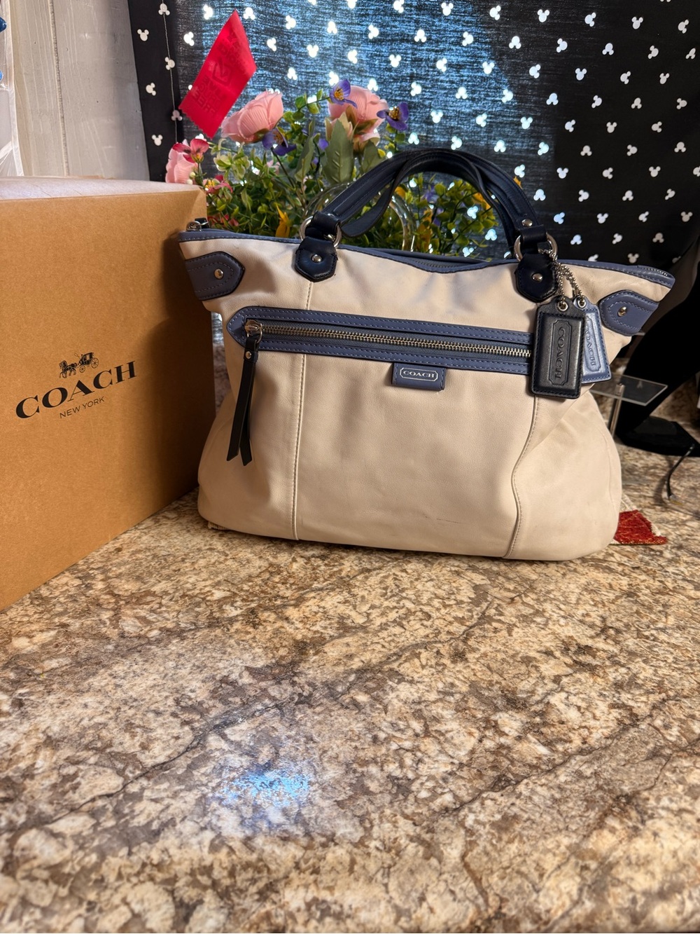 Coach Beige Tote with Navy Leather Trim and Zip Pocket